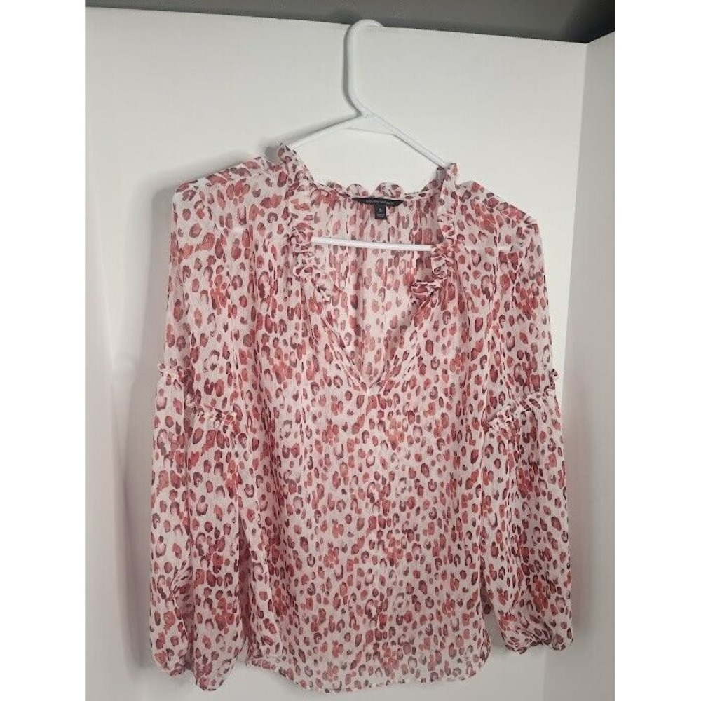 Small Banana Republic Red/pink Cheetah Print Sheer Split Neck Long Sleeve Blouse